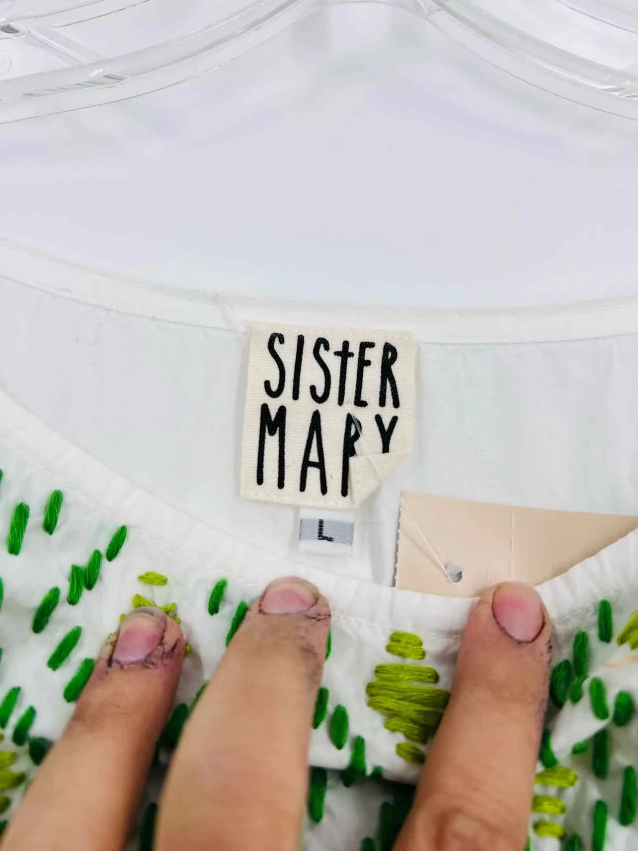 Sister Mary Size L White/Green Cactus Embroidered Tops Top-Short Sleeve