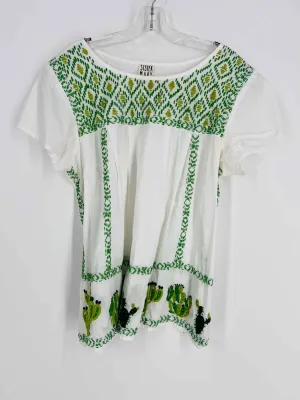 Sister Mary Size L White/Green Cactus Embroidered Tops Top-Short Sleeve
