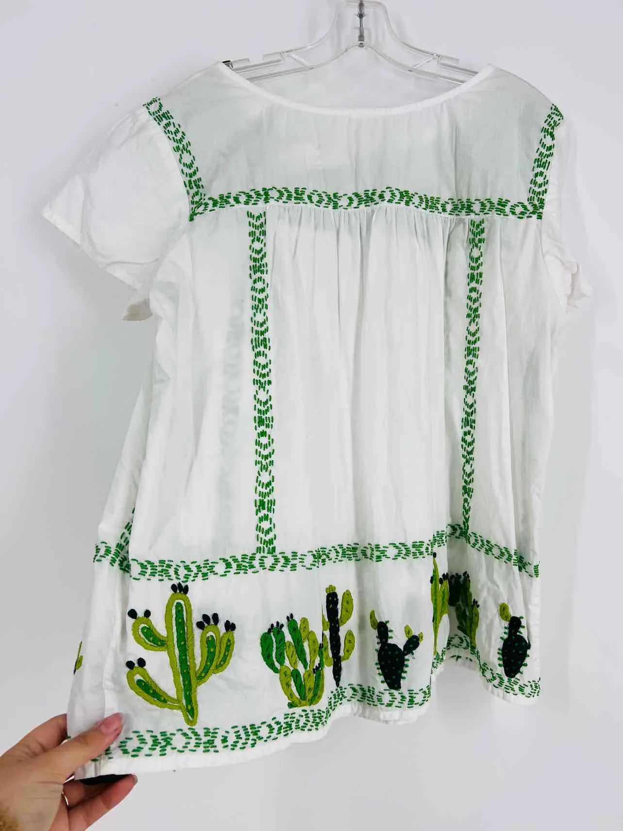 Sister Mary Size L White/Green Cactus Embroidered Tops Top-Short Sleeve