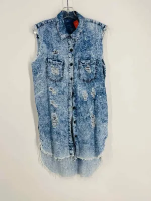 Size M ? Denim Chambray Acid Wash Frayed Tops Tunic