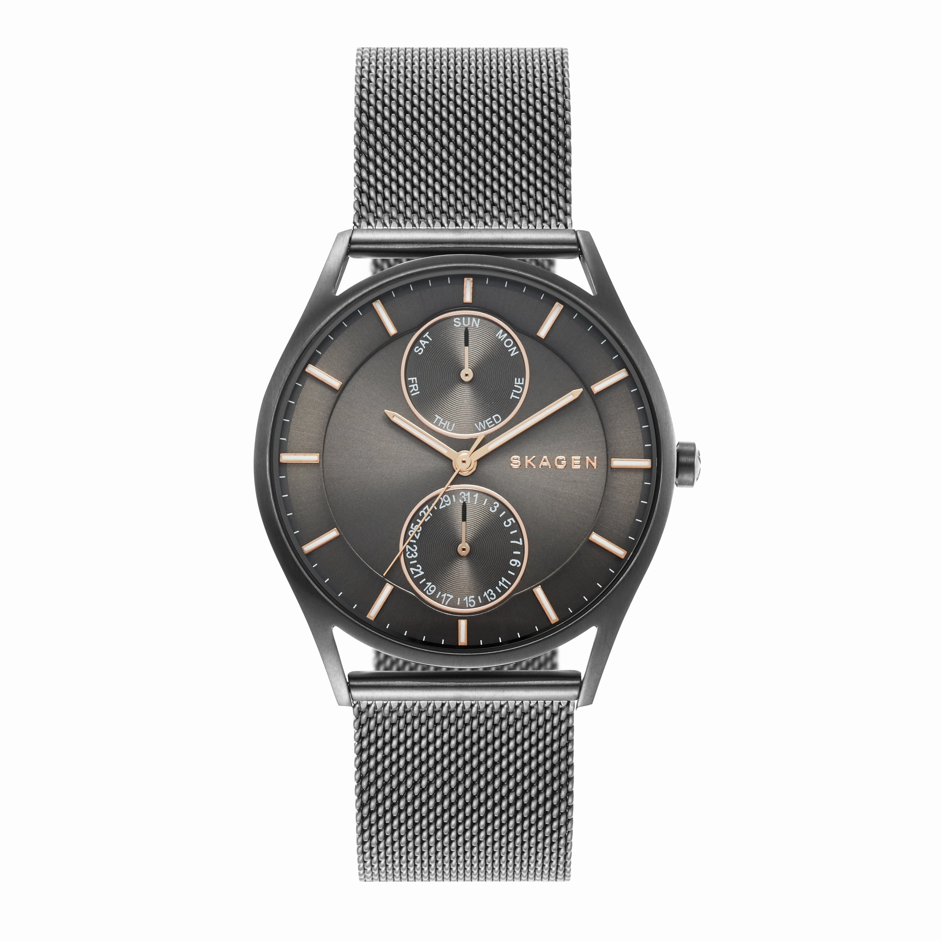 Skagen Holst Charcoal Steel Mesh Chronograph Watch SKW6180 with Dual Sub-Dials and 50m Water Resistance,quartz watch, quartz watches for men, quartz watches for women, best quartz watch, minimalist quartz watch, luxury quartz watch, waterproof quartz watch