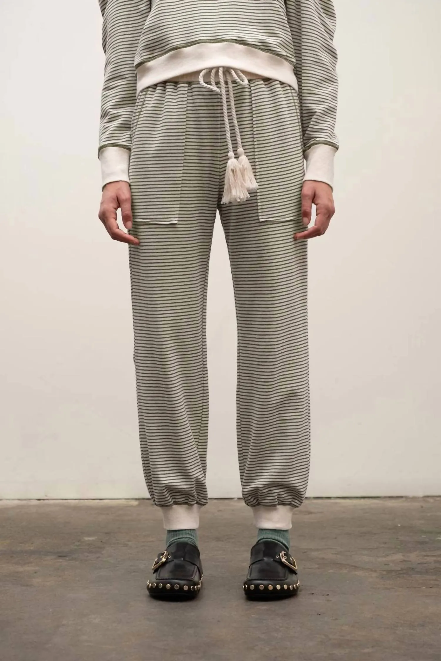 Striped Contrast Lounge Pajama Set In Olive Green