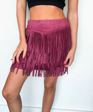 Suede Fringe Mini Skirt In Maroon