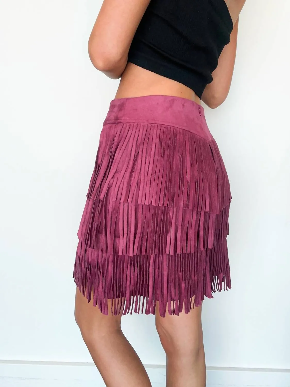 Suede Fringe Mini Skirt In Maroon