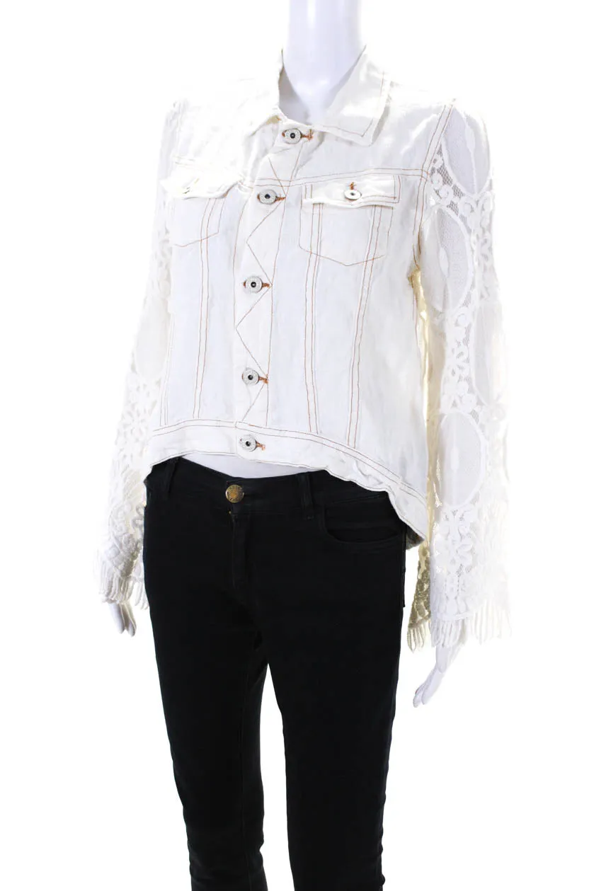 Sunday Tropez Womens Elvis Mesh Embroidered Sleeve Linen Jacket White