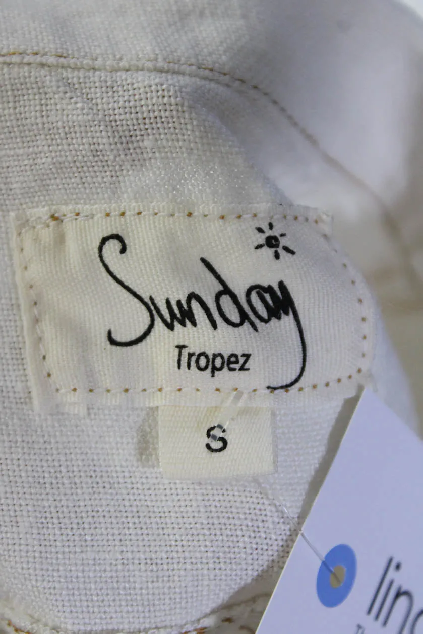 Sunday Tropez Womens Elvis Mesh Embroidered Sleeve Linen Jacket White