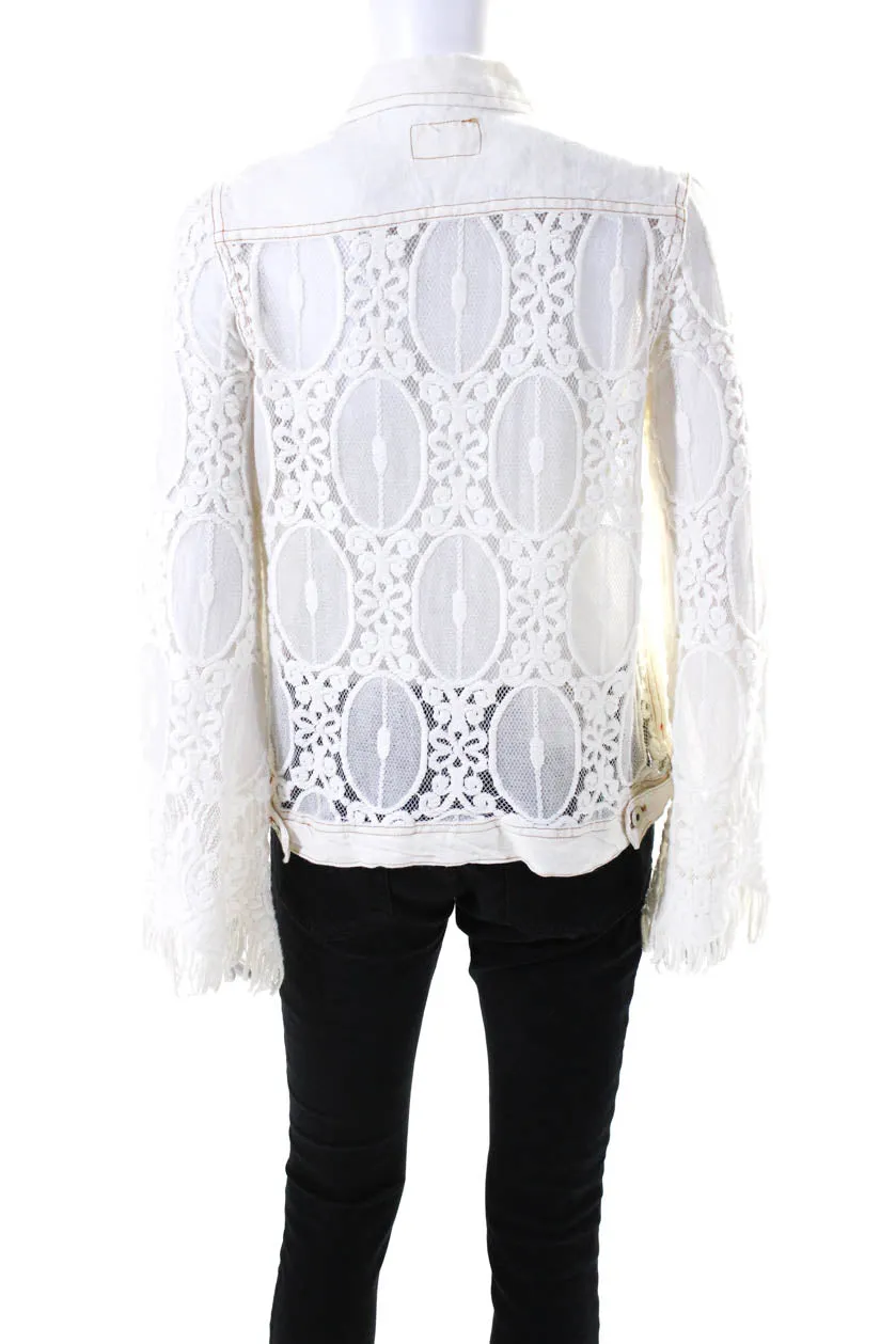 Sunday Tropez Womens Elvis Mesh Embroidered Sleeve Linen Jacket White