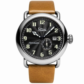 Szanto Men's Automatic Watch - Officer Classic Round Black Dial Tan Strap | SZ 6302E,automatic watch,automatic watches for men,automatic watches for women,luxury automatic watch,minimalist automatic watch,dress automatic watch,vintage automatic watch,auto