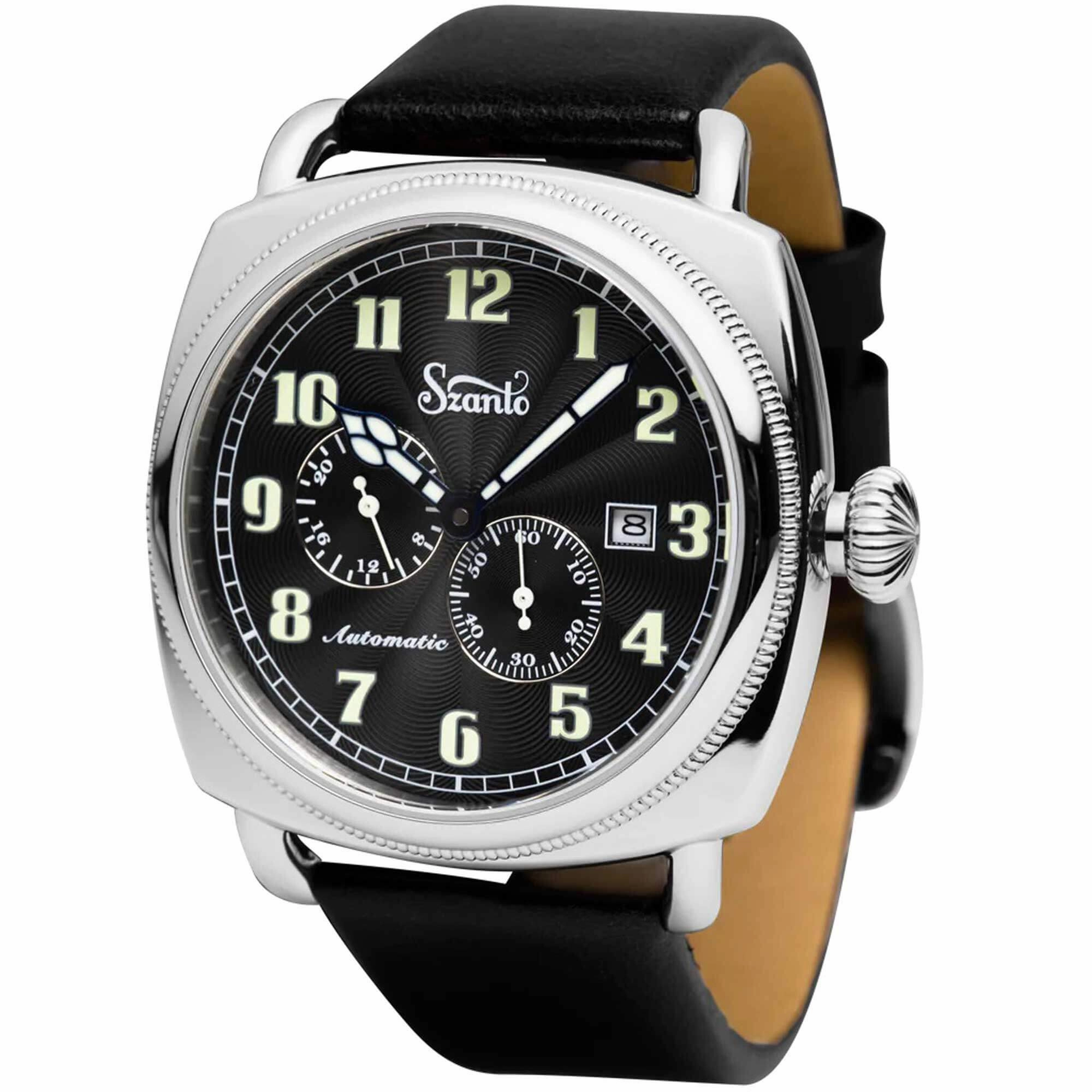 Szanto Men's Automatic Watch - Officer Coin Cushion Black Dial Strap | SZ 6201E,automatic watch,automatic watches for men,automatic watches for women,luxury automatic watch,minimalist automatic watch,dress automatic watch,vintage automatic watch,automatic