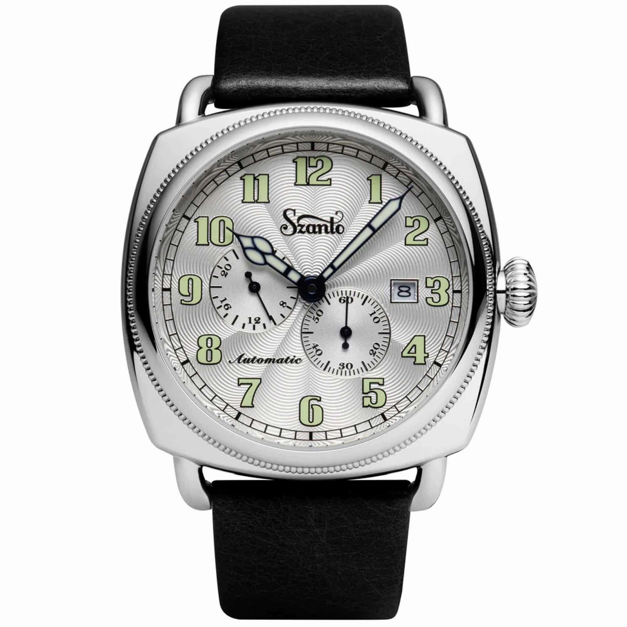 Szanto Men's Watch - Officer Coin Cushion Silver Tone Dial Black Strap | SZ 6202E,automatic watch,automatic watches for men,automatic watches for women,luxury automatic watch,minimalist automatic watch,dress automatic watch,vintage automatic watch,automat