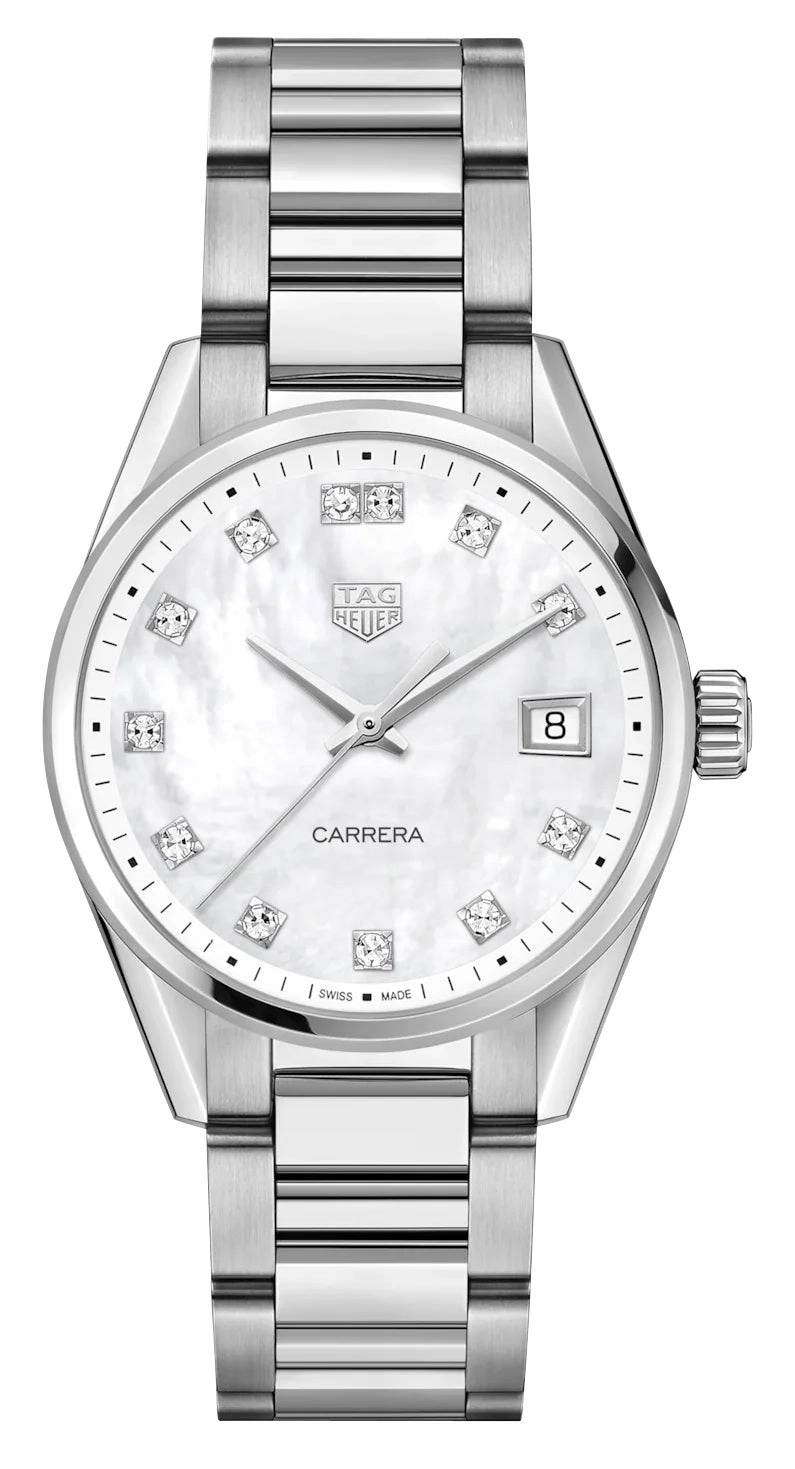 TAG Heuer Carrera Stainless Steel Mother-Of-Pearl Dial Diamonds Date Quartz Womens Watch WBK1318.BA0652 Women??s luxury watches Affordable women watches