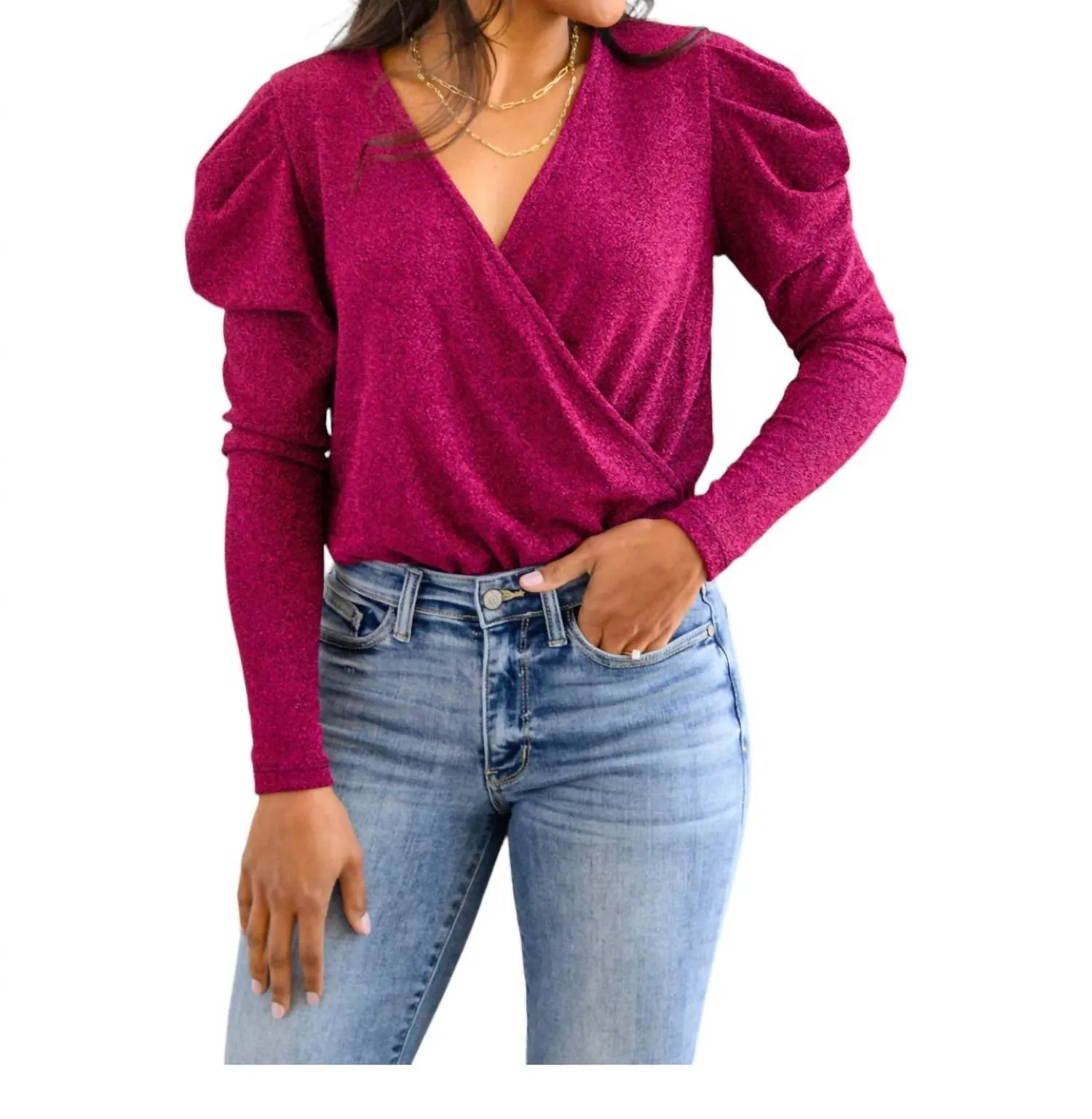 Take Me Out Faux Wrap Bodysuit In Magenta