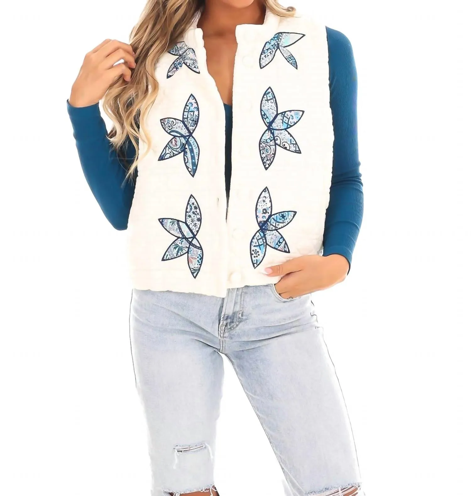 Timeless Beauty Flower Quilted Vest In Ivory