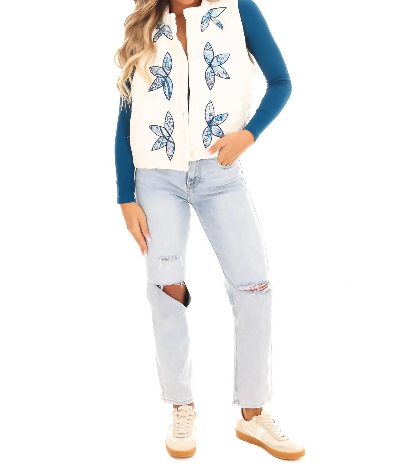 Timeless Beauty Flower Quilted Vest In Ivory