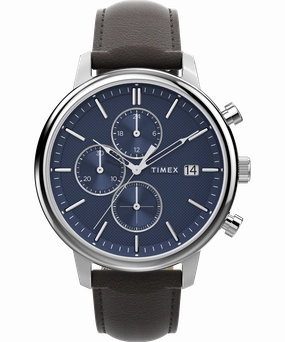 Timex Chicago Chrono 45mm Silver Tone Blue Dial Brown Leather Strap TW2W76200 
