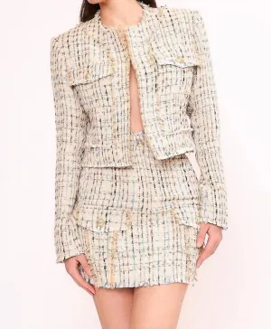 Tweed Cropped Jacket With Fringe Detail In Taupe