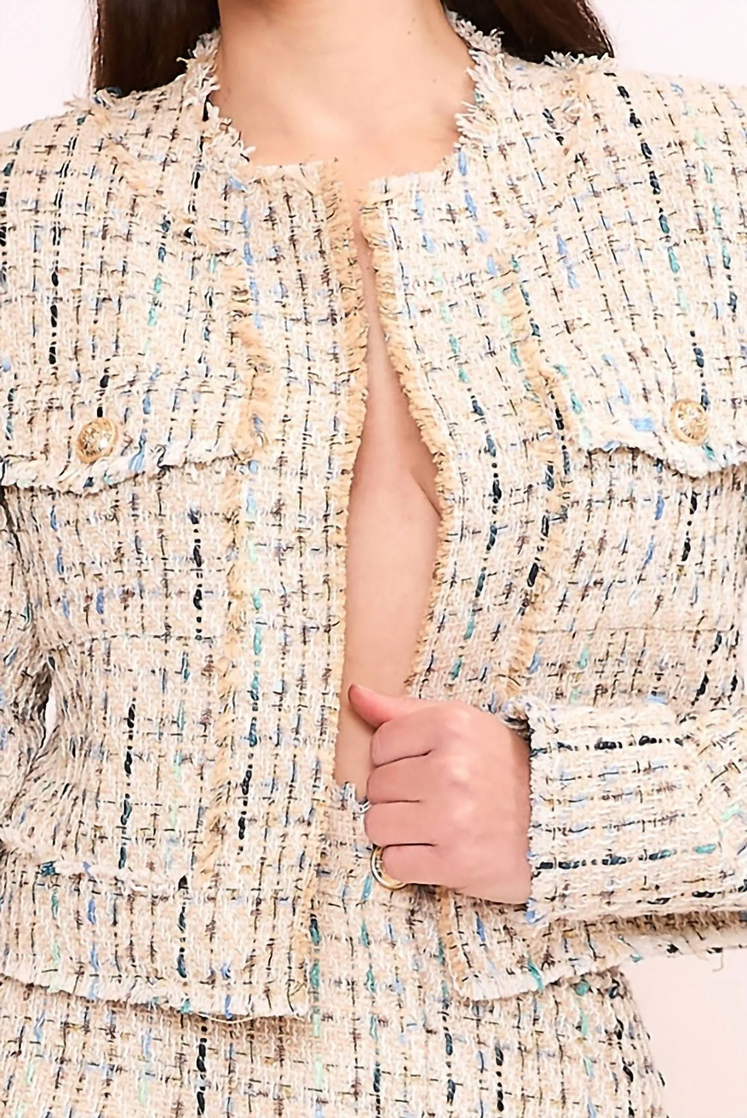 Tweed Cropped Jacket With Fringe Detail In Taupe