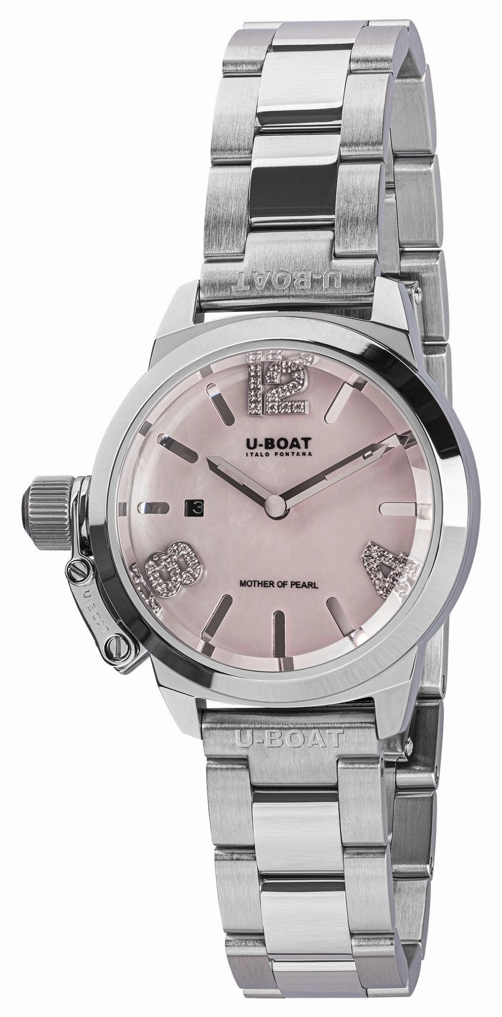 U-Boat Classico Stainless Steel Pink Mother-Of-Pearl Dial Diamonds Date Quartz Womens Watch 8898 Women??s luxury watches Affordable women watches