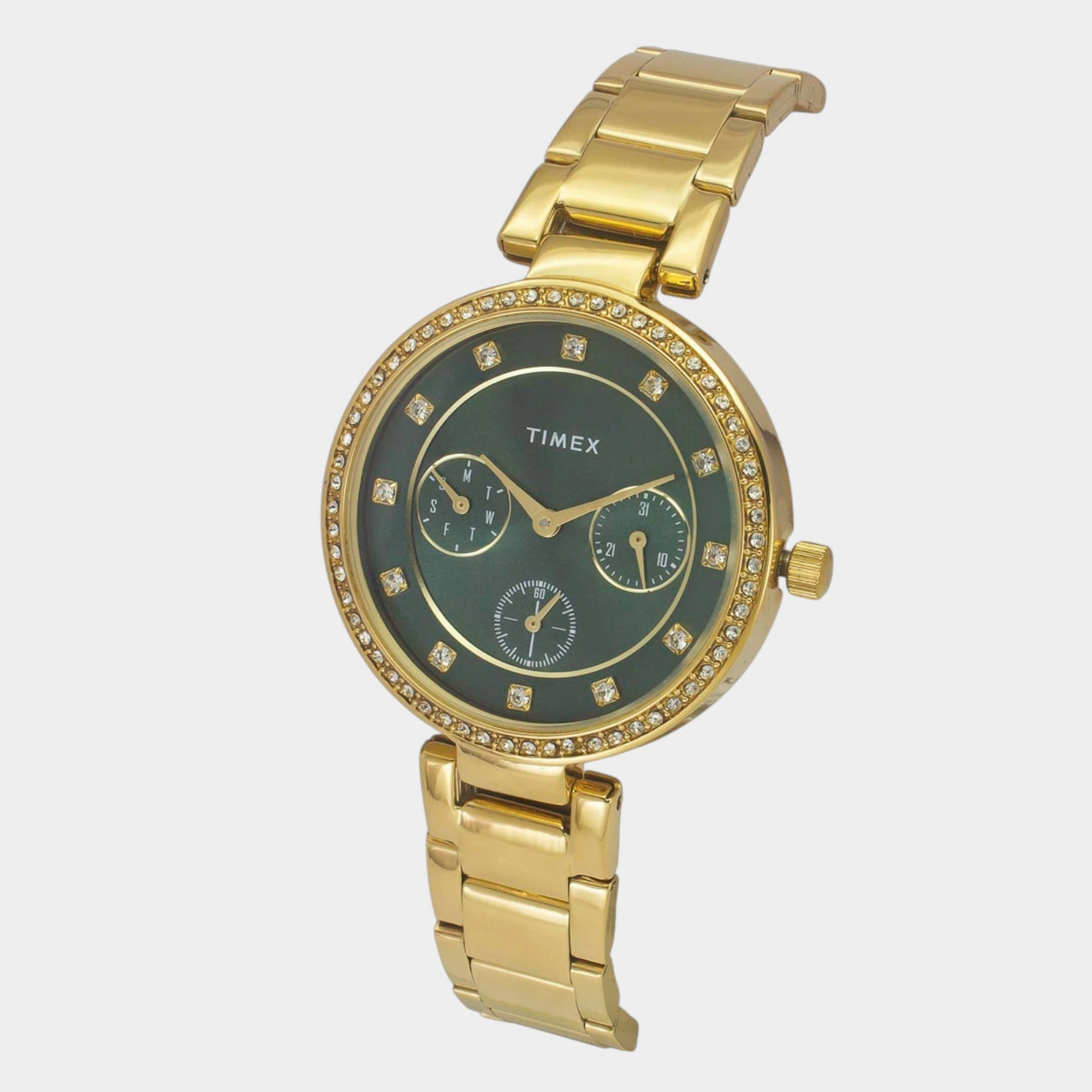 Women Quartz Green Dial Multi-Function Stainless Steel Watch TWEL18700