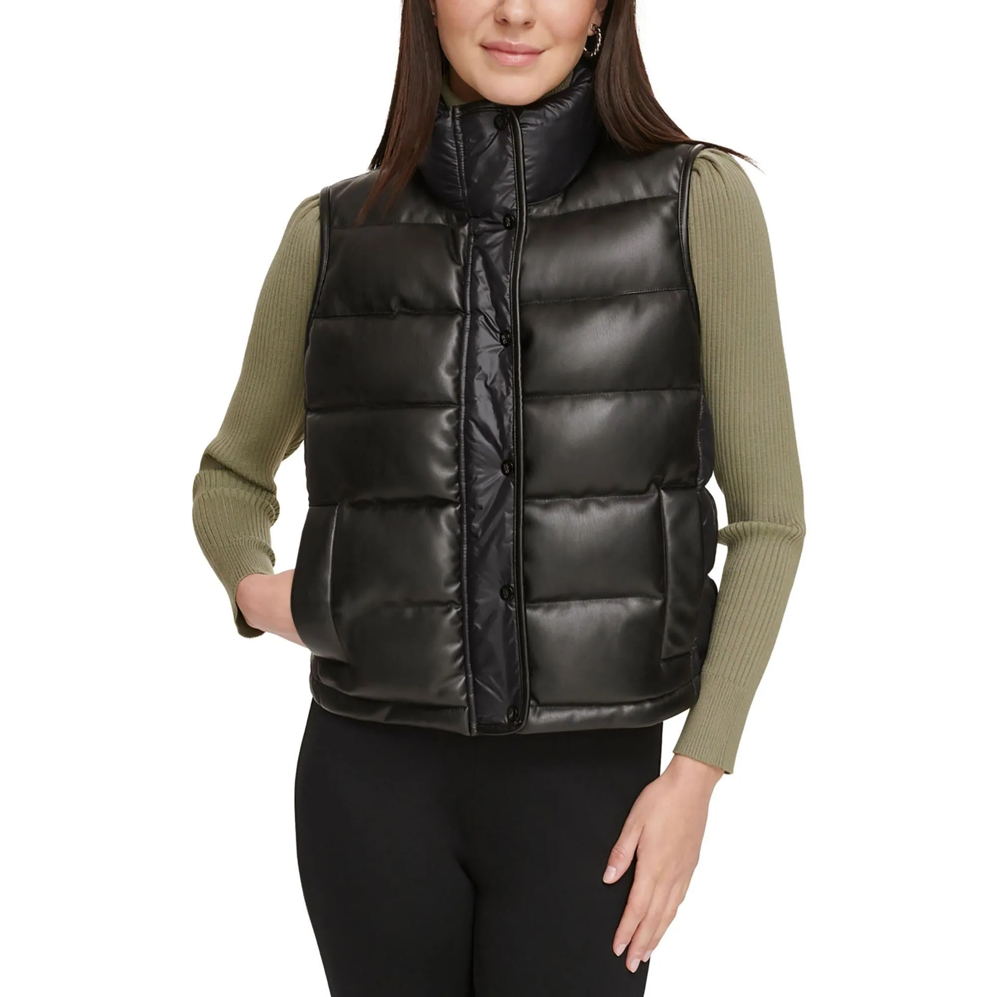 Womens Faux Leather Quilted Outerwear Vest